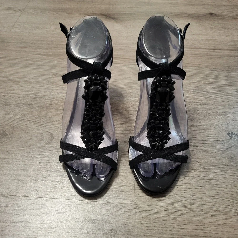 Antonio Melani Black Jeweled T-Strap Kitten Heel Sandals Women 6.5 Formal Party